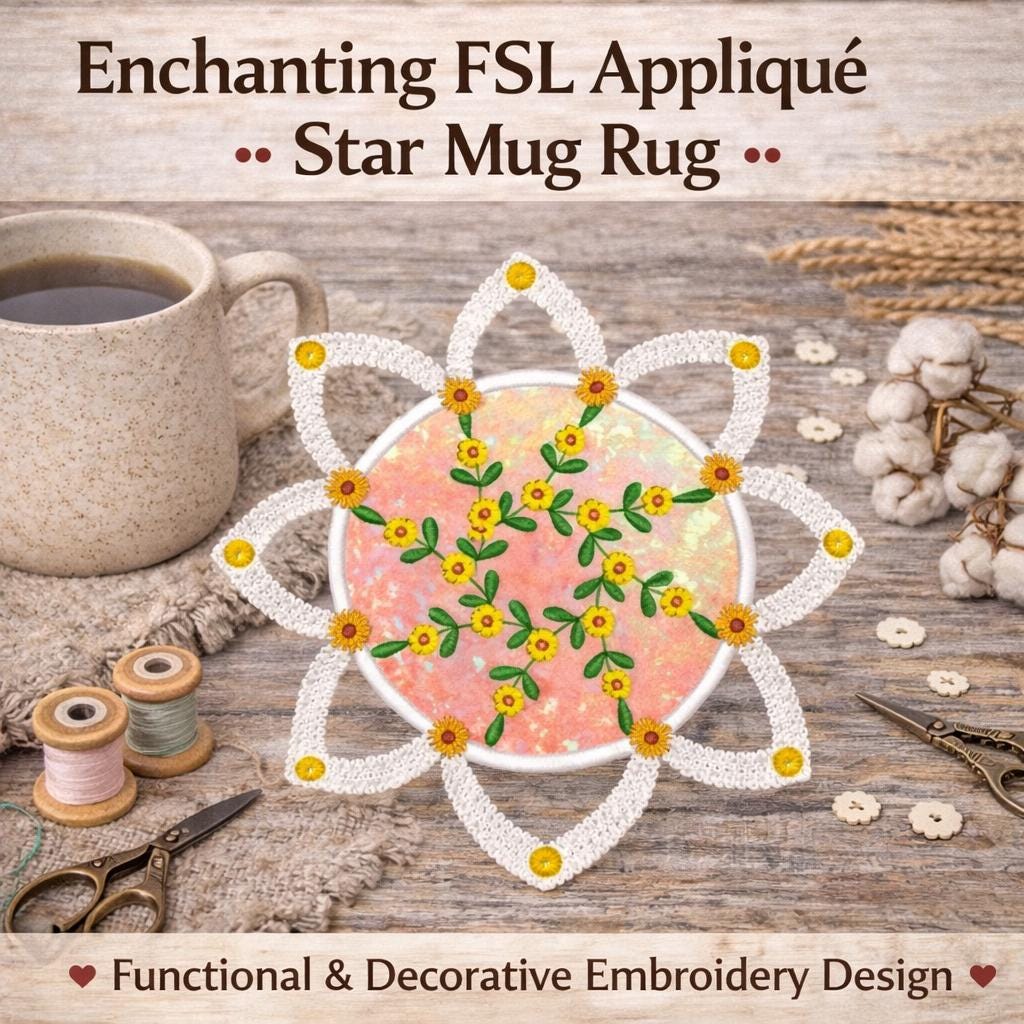 FSL Star Appliqué Mug Rug Embroidery Design | ITH 6x6 Hoop (Digital Download)