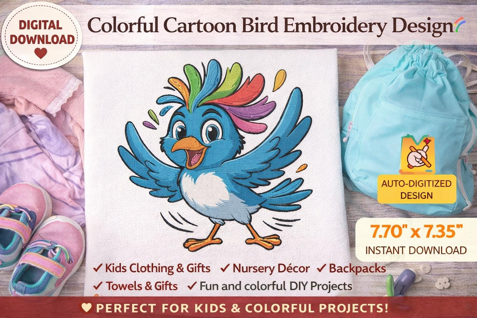 Cartoon Rainbow Bird Embroidery Design: Kids, Nursery Decor (Digital Download) - Image 2