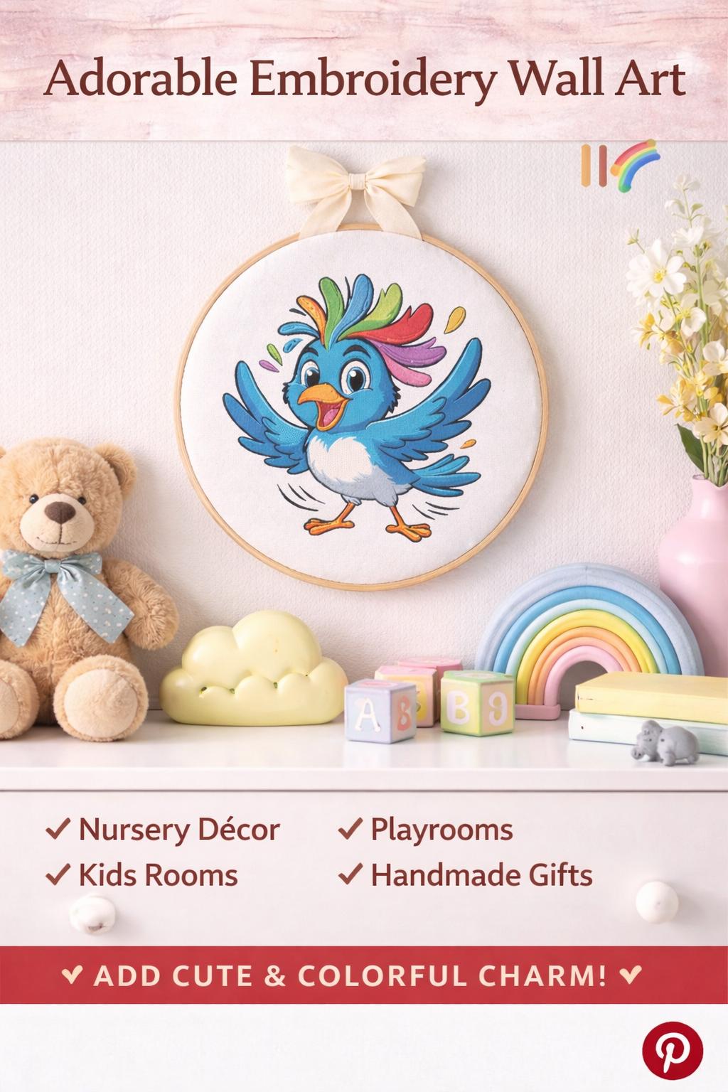 Cartoon Rainbow Bird Embroidery Design: Kids, Nursery Decor (Digital Download) - Image 4