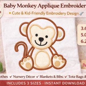 Baby Monkey Appliqué Embroidery Design: Kid-Friendly, 3 Sizes | Machine Files (Digital Download)