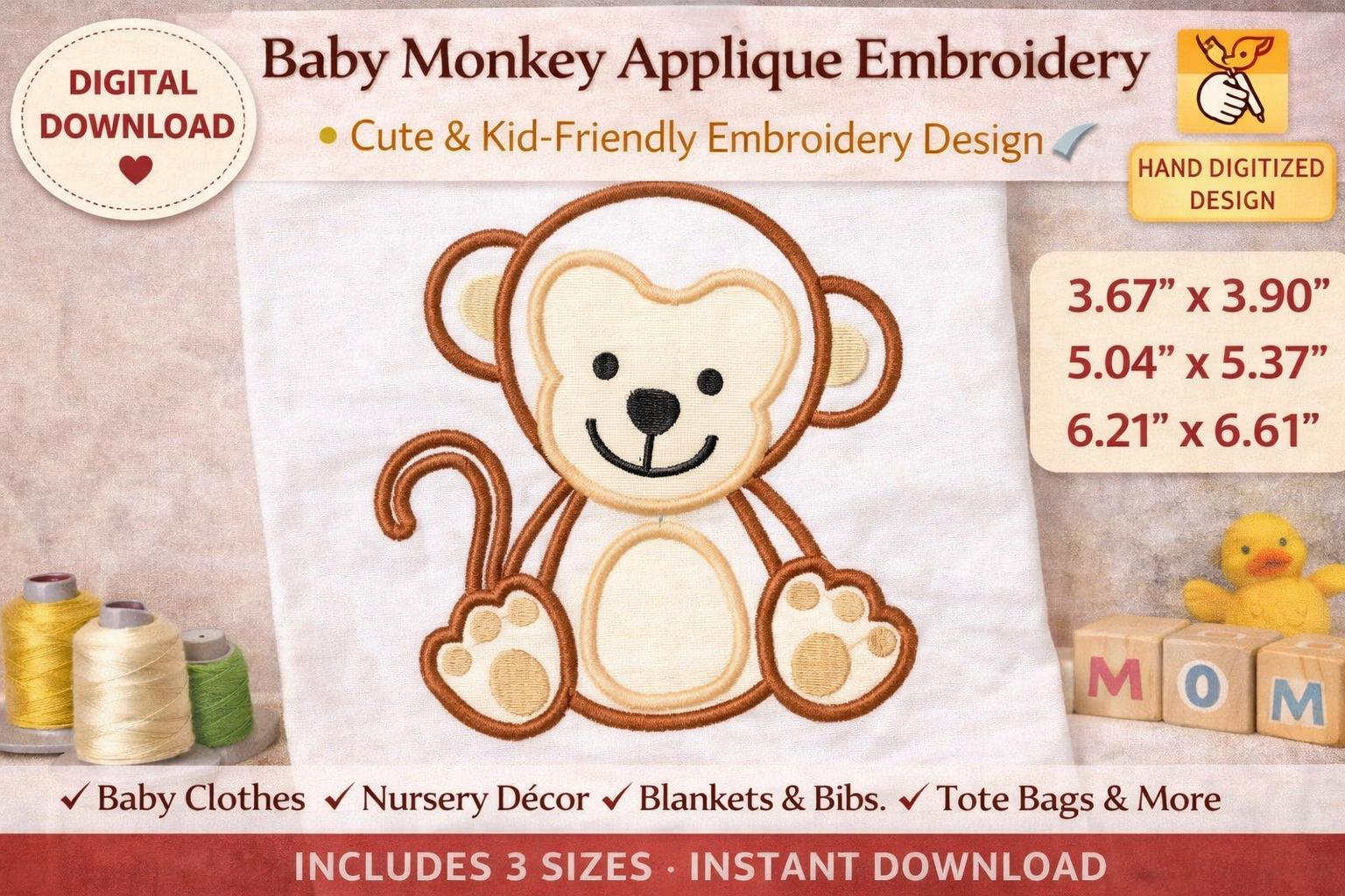 Baby Monkey Appliqué Embroidery Design: Kid-Friendly, 3 Sizes | Machine Files (Digital Download)
