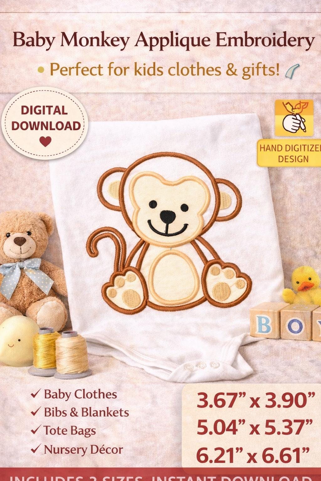 Baby Monkey Appliqué Embroidery Design: Kid-Friendly, 3 Sizes | Machine Files (Digital Download) - Image 4