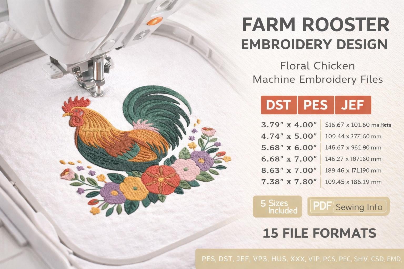 Farm Rooster Floral Embroidery Design | Country Chicken Machine File (Digital Download) - Image 3