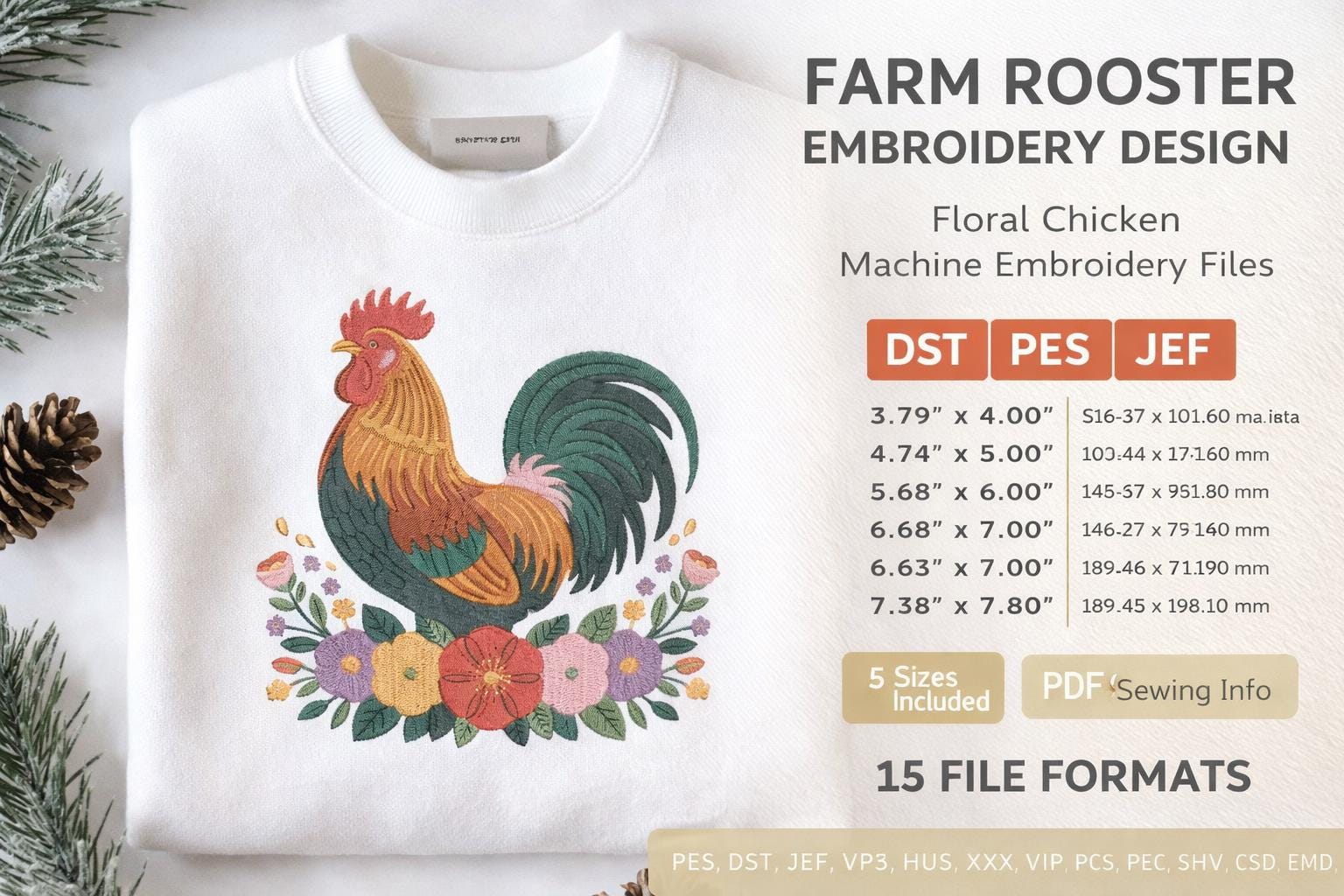 Farm Rooster Floral Embroidery Design | Country Chicken Machine File (Digital Download) - Image 4