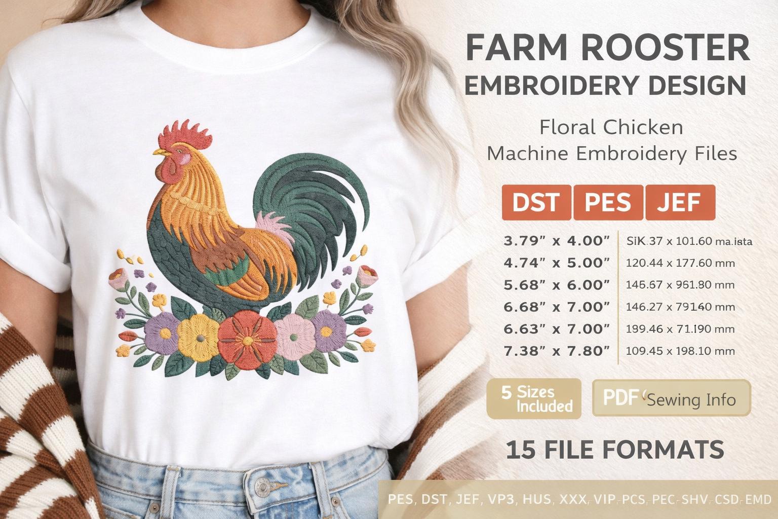 Farm Rooster Floral Embroidery Design | Country Chicken Machine File (Digital Download) - Image 6