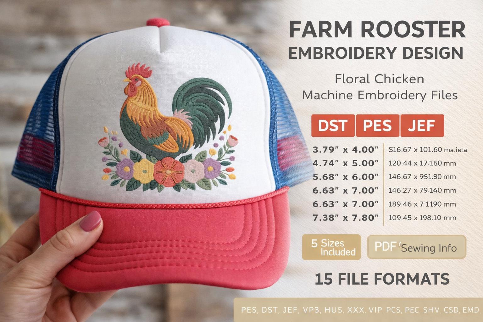 Farm Rooster Floral Embroidery Design | Country Chicken Machine File (Digital Download) - Image 7