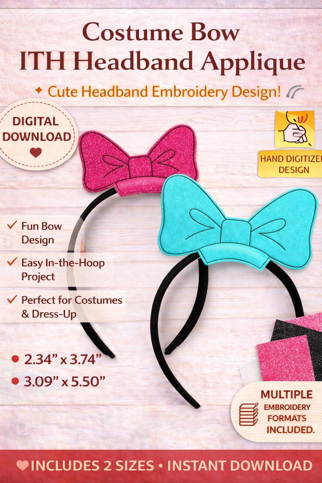 Costume ITH Bow Headband Applique Embroidery Design (Digital Download) - Image 2