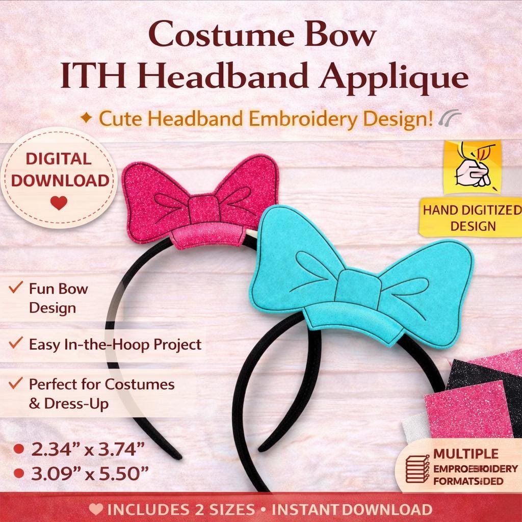 Costume ITH Bow Headband Applique Embroidery Design (Digital Download)