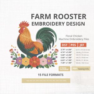 Farm Rooster Floral Embroidery Design | Country Chicken Machine File (Digital Download)