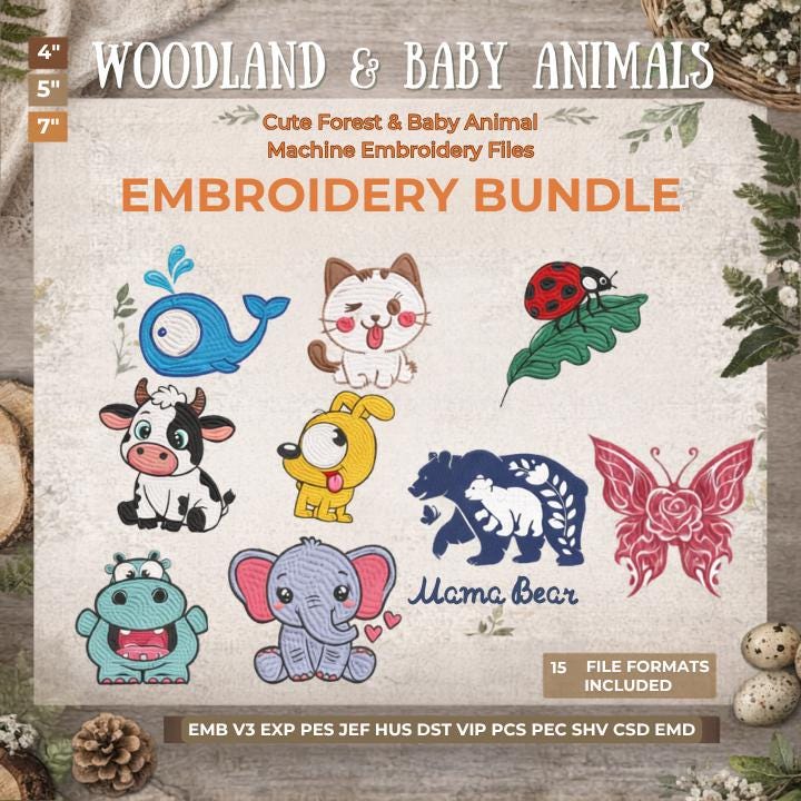 10 Woodland & farm Baby Animals Embroidery Bundle | Machine Embroidery Files (PES, DST, JEF)