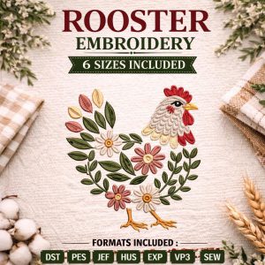 Farmhouse Rooster Embroidery Design | Floral Hen Machine Embroidery File | Country Kitchen Chicken