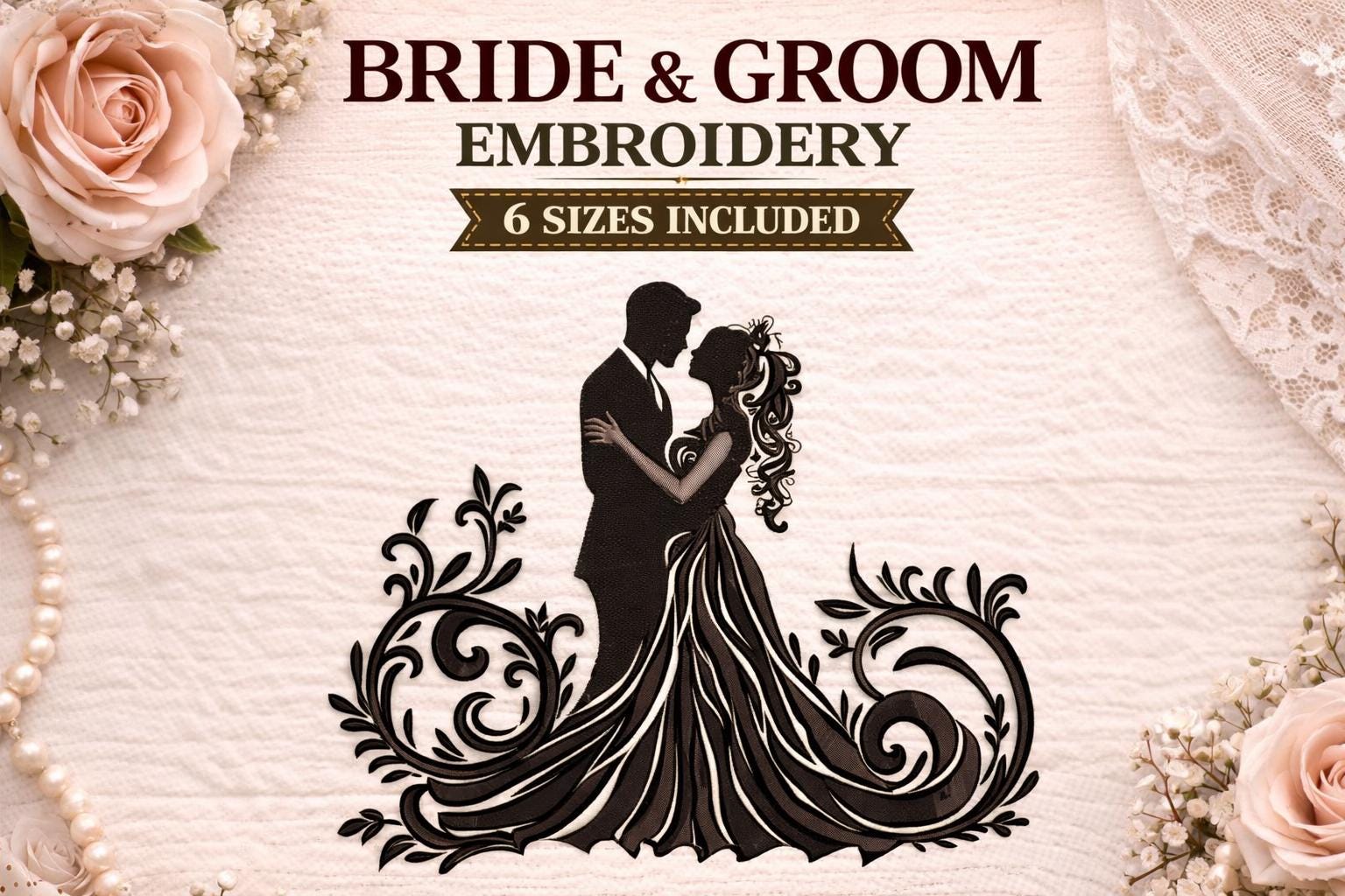 Bride and Groom Silhouette Embroidery Design | Romantic Wedding Couple Machine File (Digital Download) - Image 2