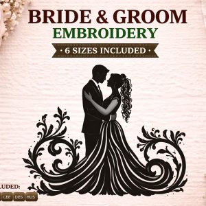 Bride and Groom Silhouette Embroidery Design | Romantic Wedding Couple Machine File (Digital Download)