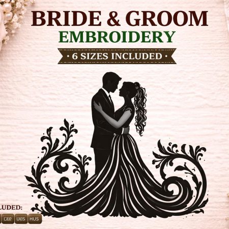 Bride and Groom Silhouette Embroidery Design | Romantic Wedding Couple Machine File (Digital Download)