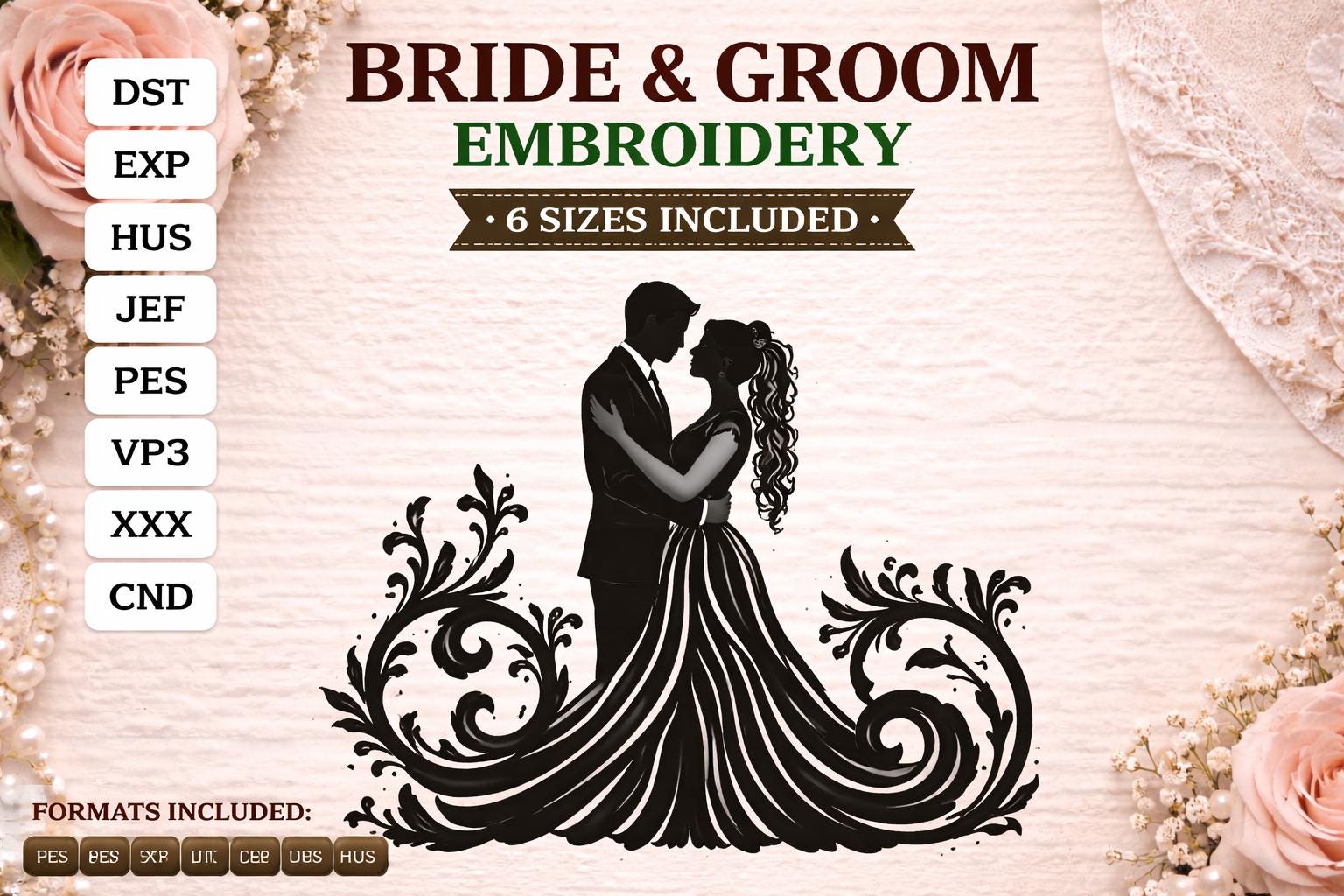 Bride and Groom Silhouette Embroidery Design | Romantic Wedding Couple Machine File (Digital Download)