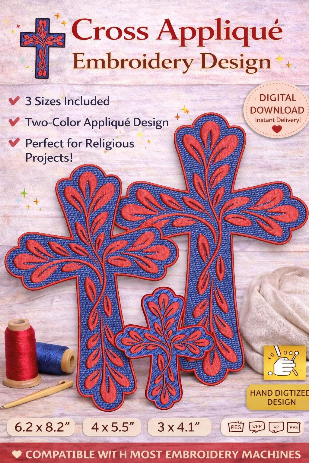 Appliqué Cross Embroidery Design: Leaf Pattern, Religious Machine File | 3 sizes (Digital Download) - Image 2