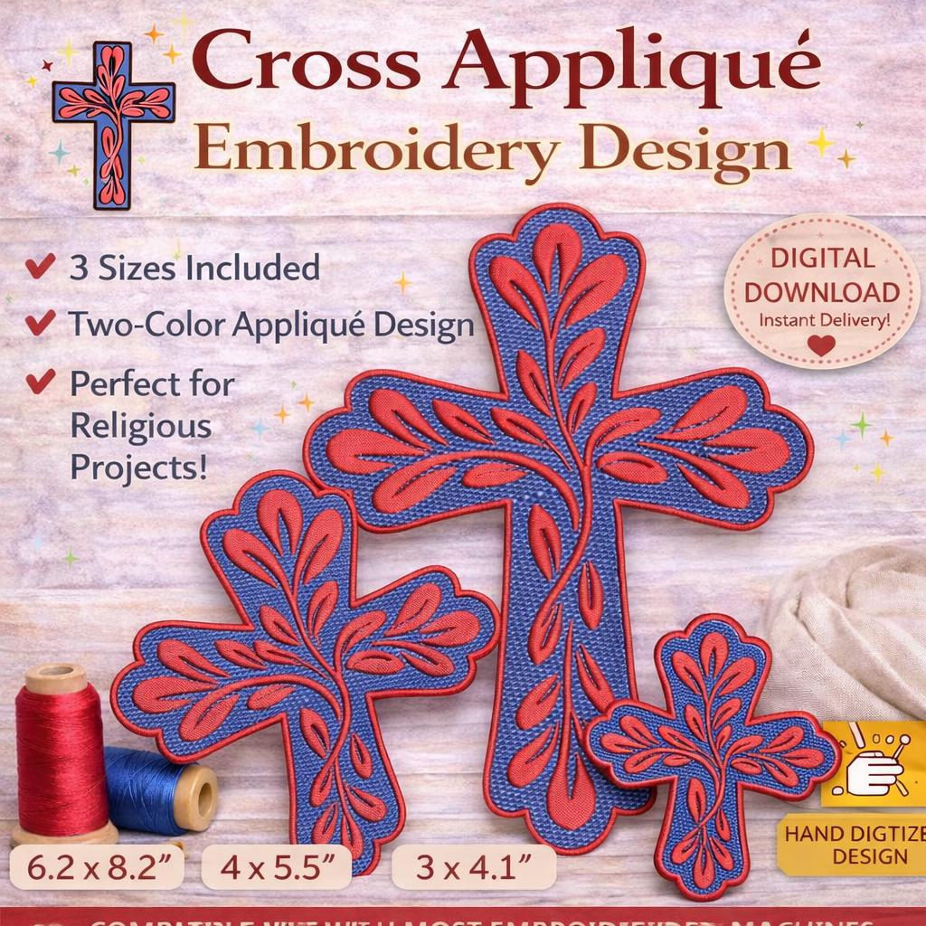 Appliqué Cross Embroidery Design: Leaf Pattern, Religious Machine File | 3 sizes (Digital Download)