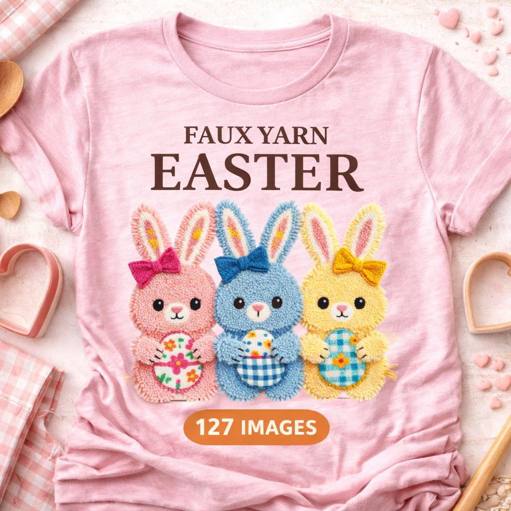 Faux Yarn Easter Clipart Bundle | Easter Bunnies, Eggs, Spring Designs (127 PNG Sublimation Elements) - Image 3