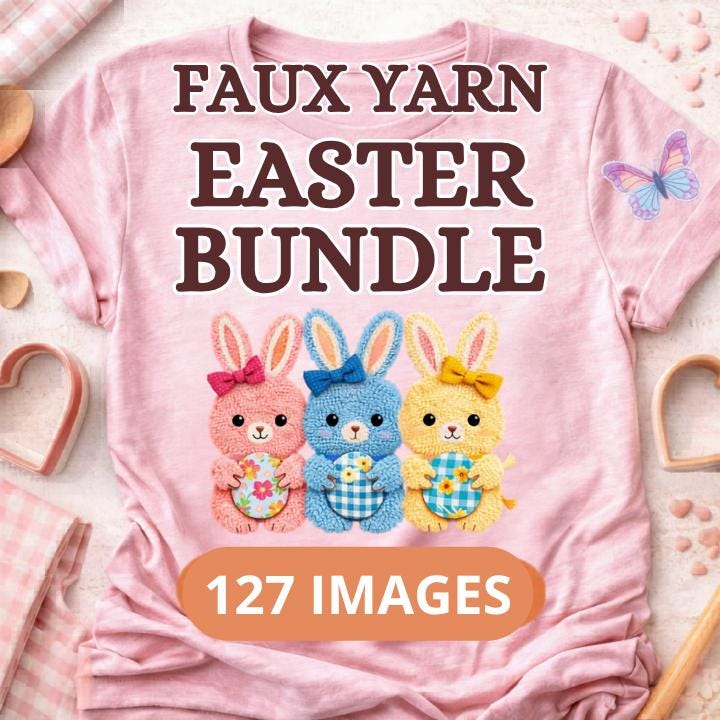 Faux Yarn Easter Clipart Bundle | Easter Bunnies, Eggs, Spring Designs (127 PNG Sublimation Elements)