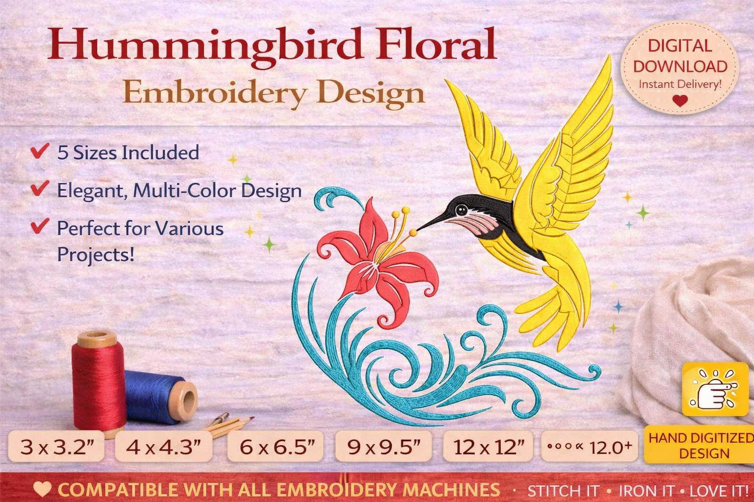 Hummingbird Floral Embroidery Design: Tropical Bird & Flower Machine File (5 Sizes) | digital Download - Image 3