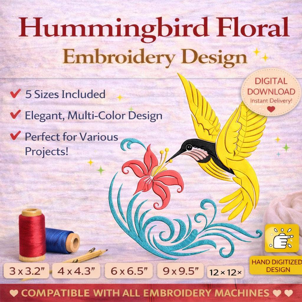 Hummingbird Floral Embroidery Design: Tropical Bird & Flower Machine File (5 Sizes) | digital Download - Image 4