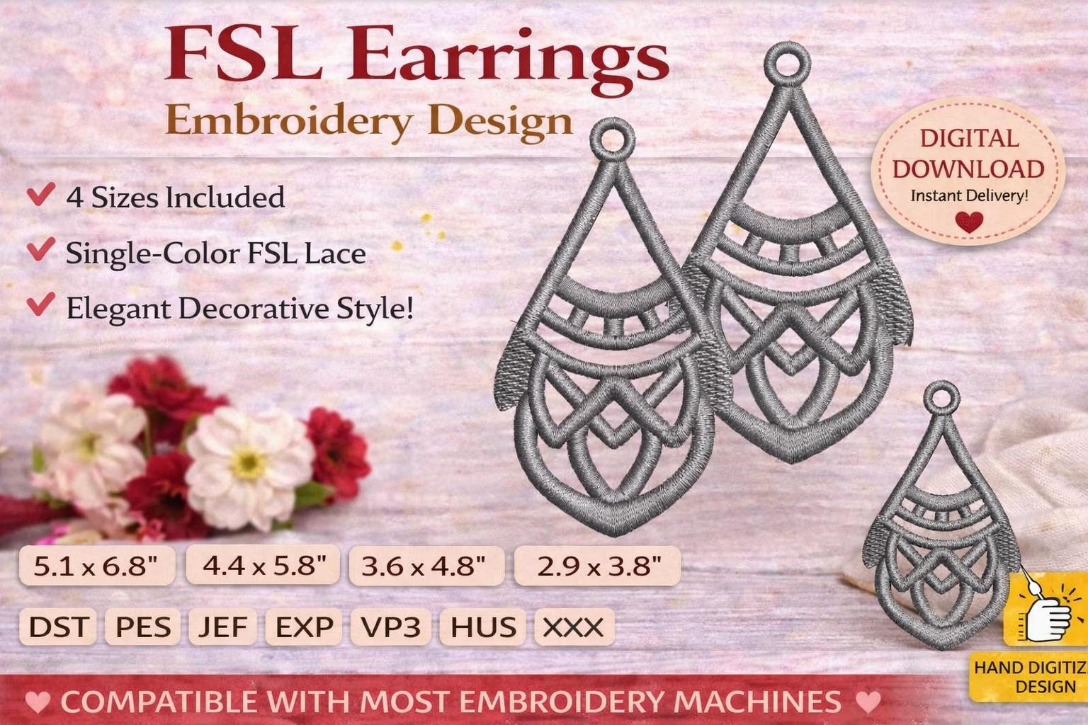FSL Earrings Embroidery Design: Geometric Lace Jewelry | Single color | Machine files (Digital Download) - Image 6