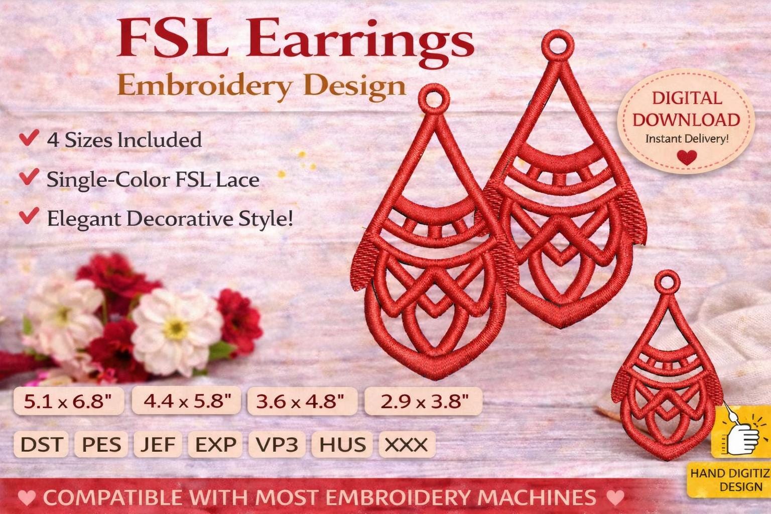 FSL Earrings Embroidery Design: Geometric Lace Jewelry | Single color | Machine files (Digital Download) - Image 4