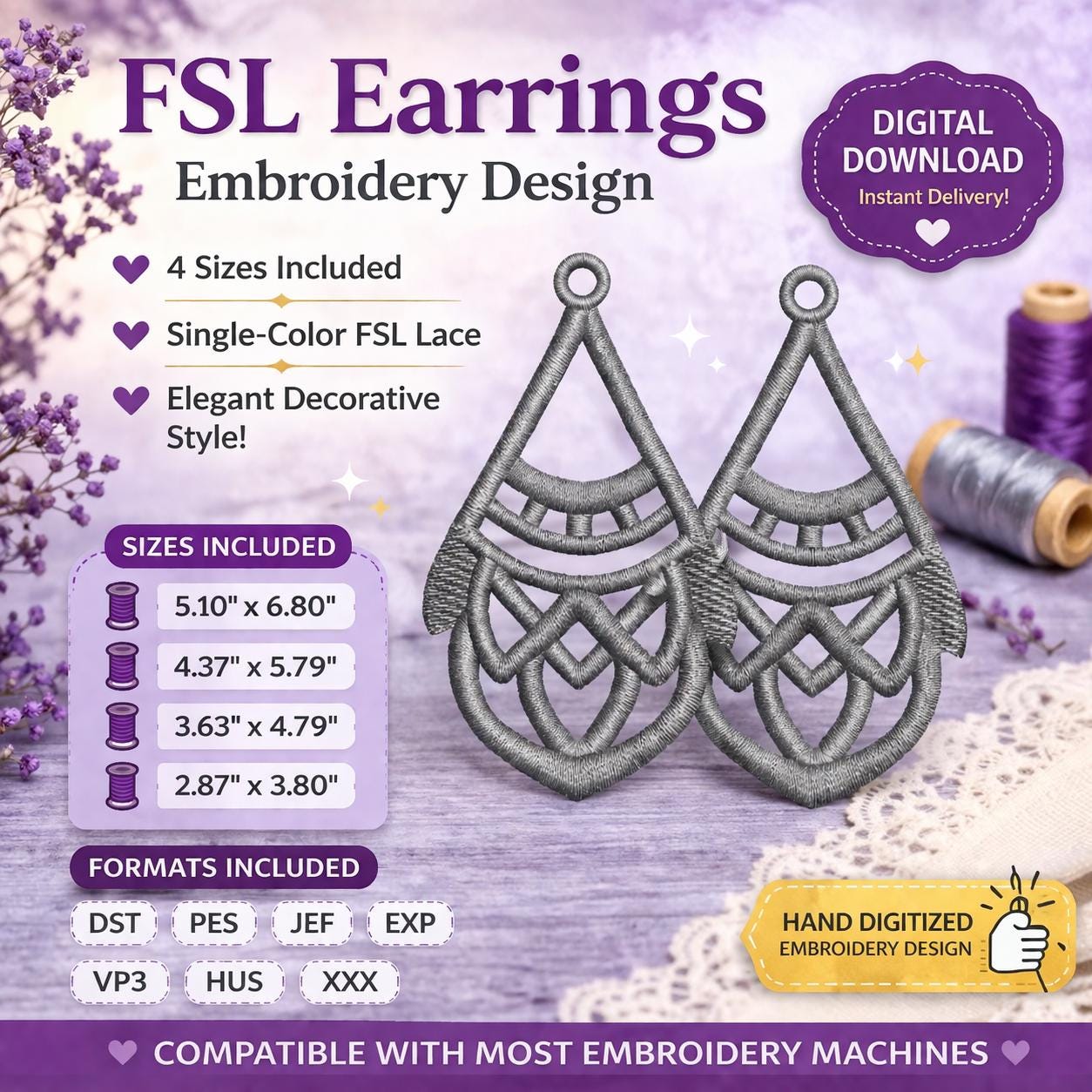 FSL Earrings Embroidery Design: Geometric Lace Jewelry | Single color | Machine files (Digital Download) - Image 7