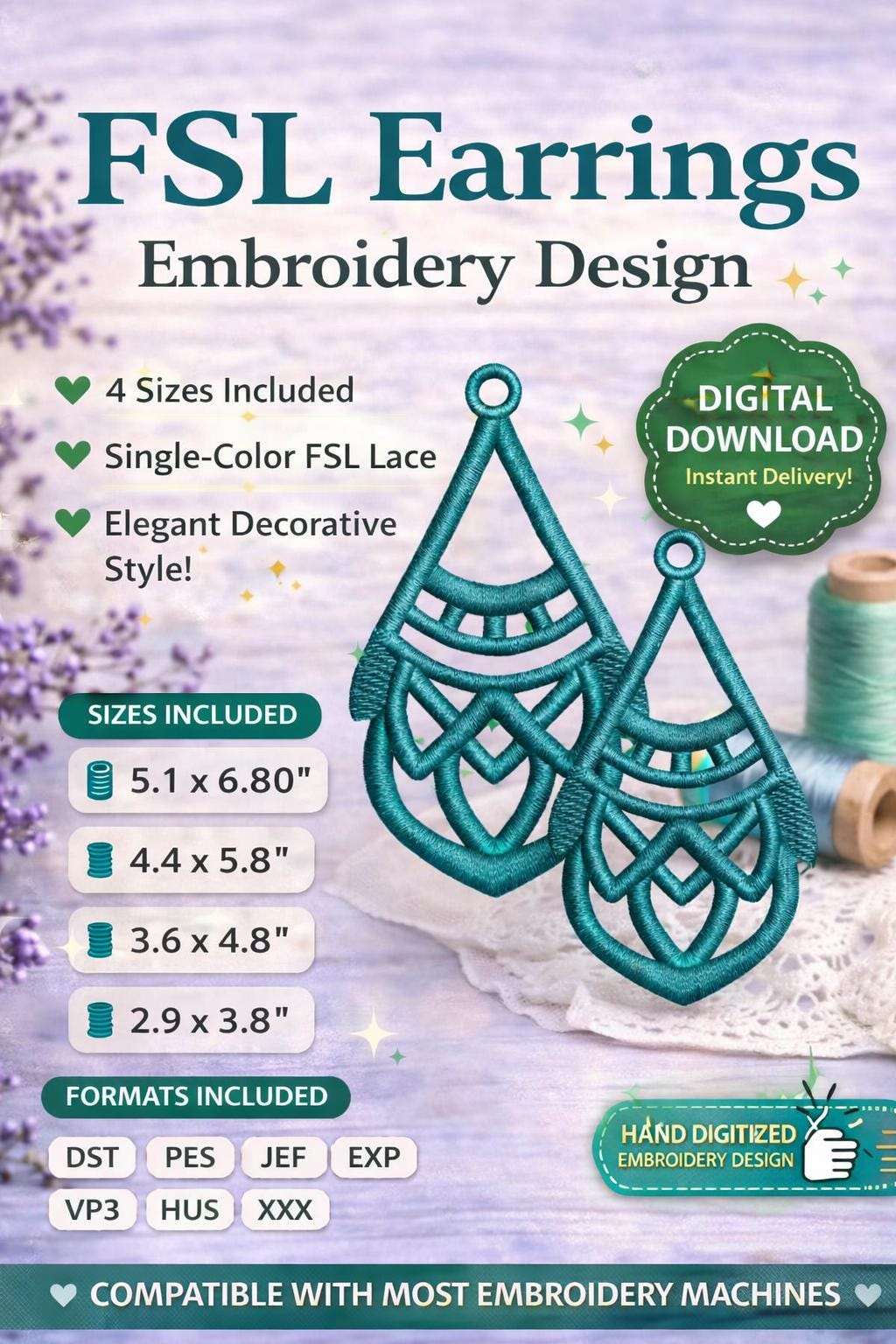 FSL Earrings Embroidery Design: Geometric Lace Jewelry | Single color | Machine files (Digital Download) - Image 2
