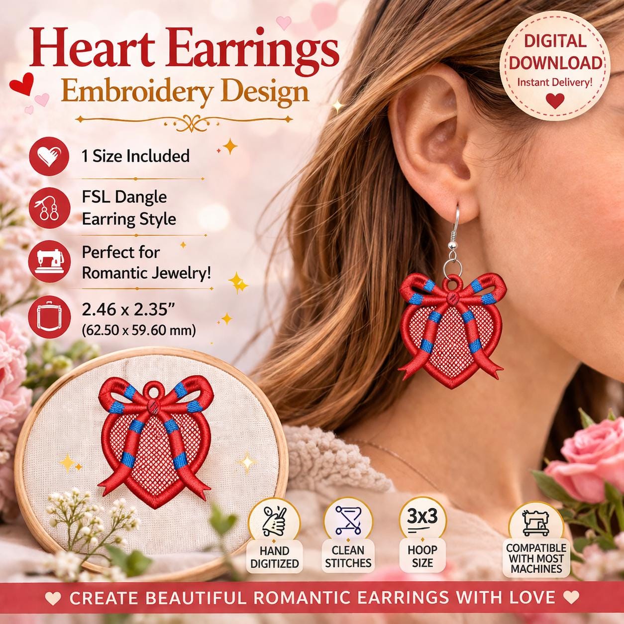 Heart Bow Earrings Embroidery Design | FSL Dangle Style | Romantic Jewelry machine File (Digital Download) - Image 5