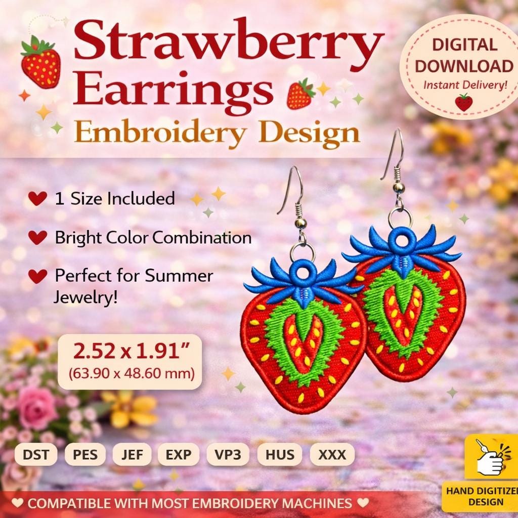 Strawberry Earrings Embroidery Design: Summer Fruit Jewelry | FSl Machine File (Digital Download) - Image 4