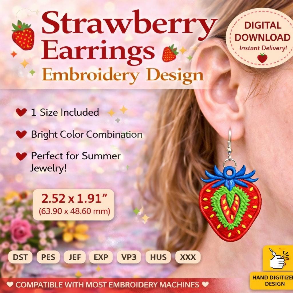 Strawberry Earrings Embroidery Design: Summer Fruit Jewelry | FSl Machine File (Digital Download)