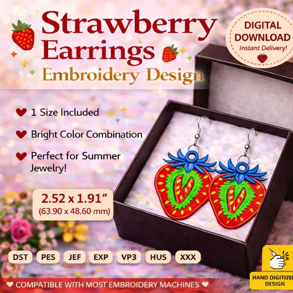 Strawberry Earrings Embroidery Design: Summer Fruit Jewelry | FSl Machine File (Digital Download) - Image 3