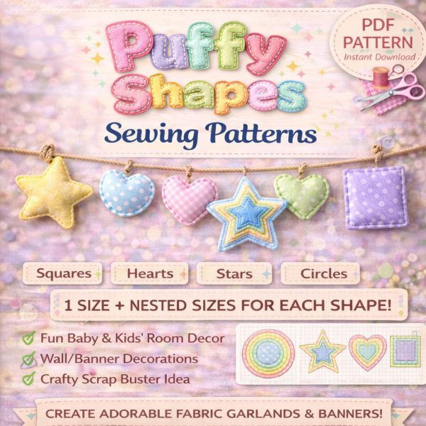 Puffy Shapes Sewing Patterns Bundle: Hearts, Stars, Circles , Flowers , Arrows  (PDF Download)