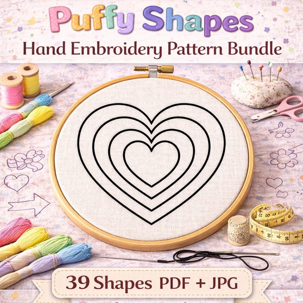 Puffy Shapes Hand Embroidery Pattern Bundle: 39 shapes , Hearts, Stars, Flowers Templates (Digital Download) - Image 3