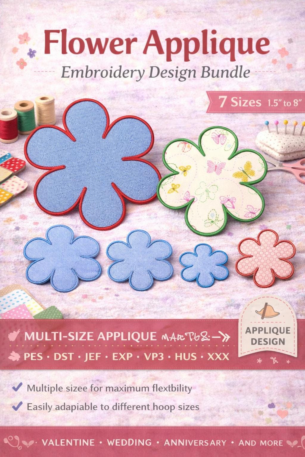 6 Petal Flower Applique Embroidery Design | Multi Size Machine Files | Fabric Fill (Digital Download) - Image 9