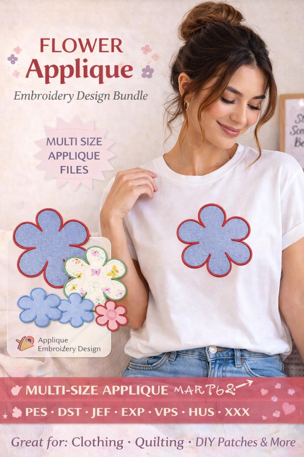 6 Petal Flower Applique Embroidery Design | Multi Size Machine Files | Fabric Fill (Digital Download) - Image 6