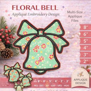 Floral Bell Applique Embroidery Design, Festive Bow Machine File , ITH (Digital Download)