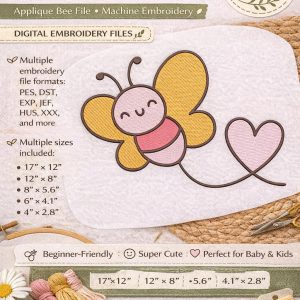 Applique Bee Embroidery Design, Machine File, Baby Kids Nursery (Digital Download)