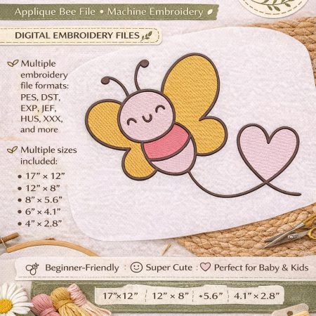 Applique Bee Embroidery Design, Machine File, Baby Kids Nursery (Digital Download)