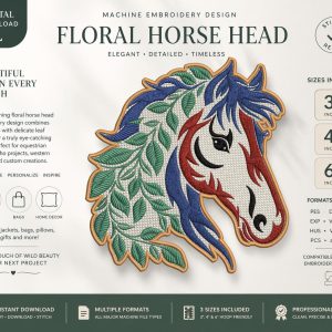 Floral Horse Head Embroidery Design, Boho Equestrian Machine File (3, 4, 6 Inch) - digital download