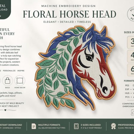 Floral Horse Head Embroidery Design, Boho Equestrian Machine File (3, 4, 6 Inch) - digital download