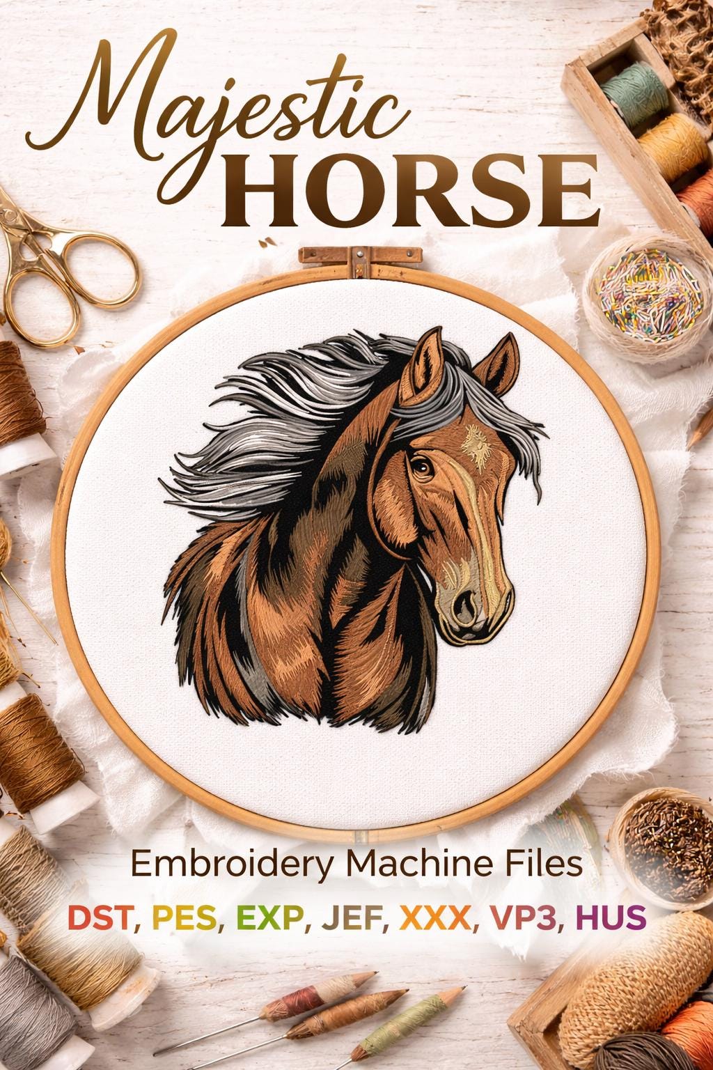 Majestic Horse Embroidery Design | Detailed Horse Head Machine File | 5 sizes (Digital Download) - Image 2