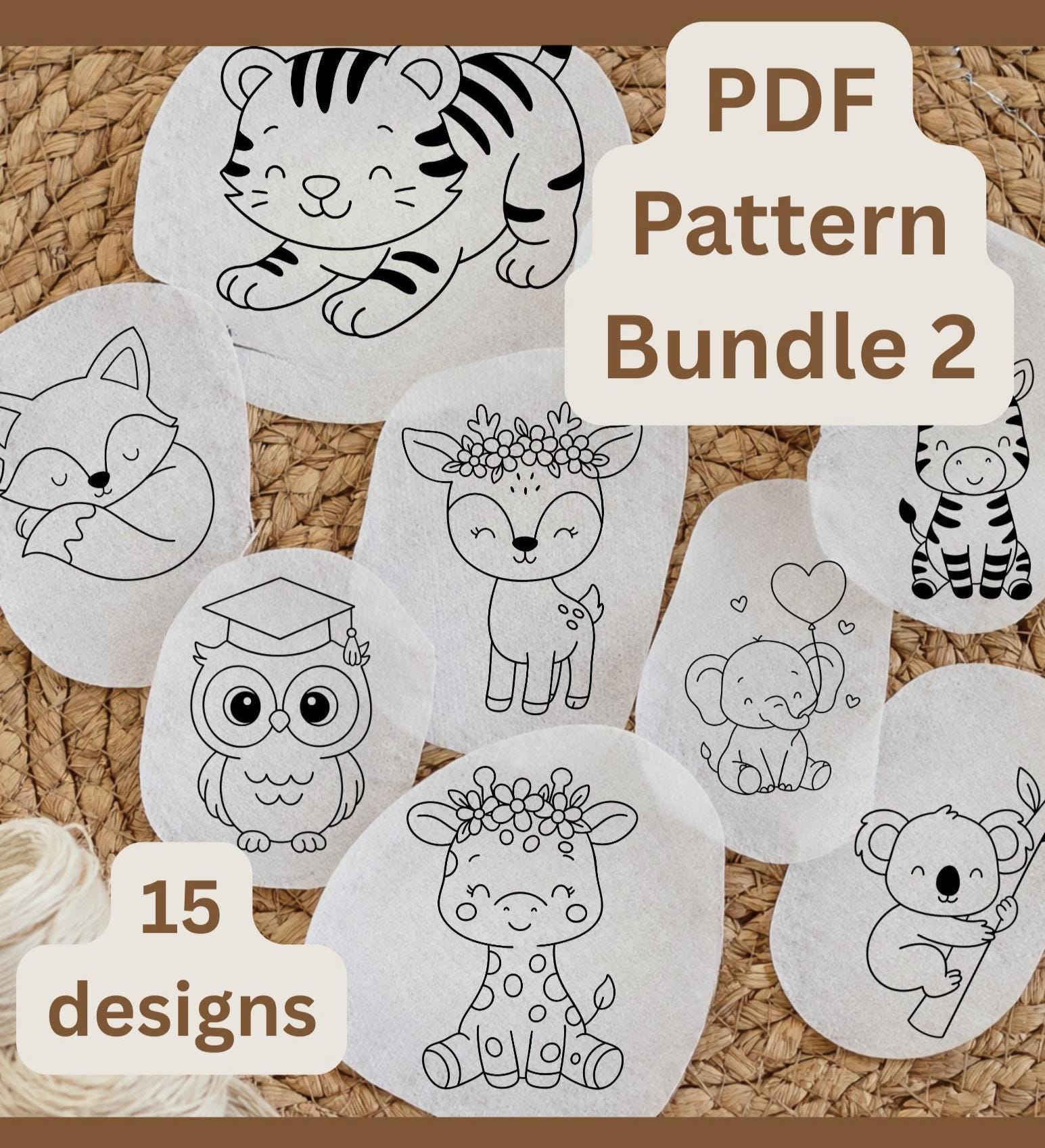 Animal Stick and Stitch Embroidery Pattern Bundle, Beginner Hand Embroidery 15 Designs (PDF)