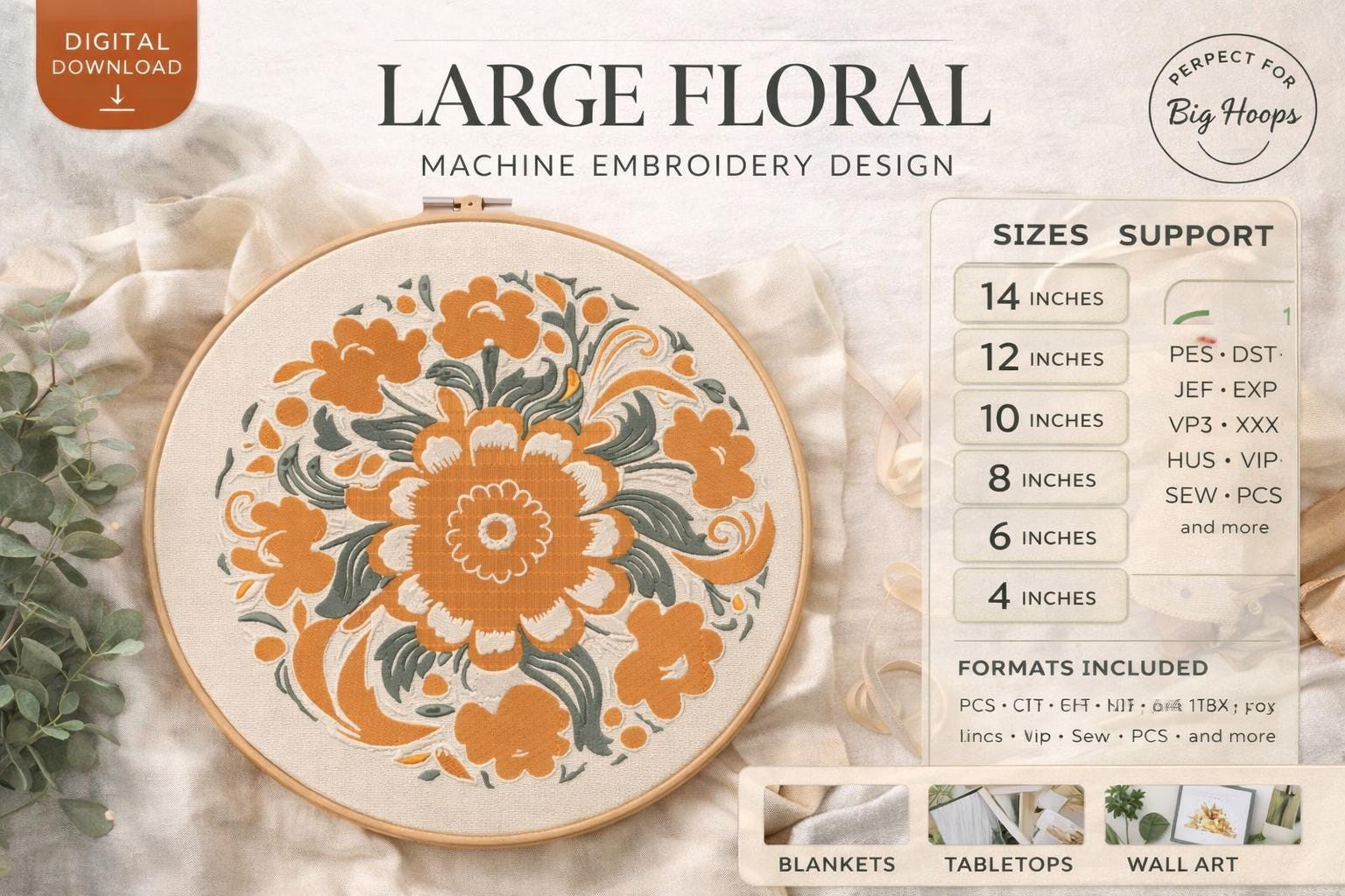 Large Floral Mandala Embroidery Design, Round Flower Machine File (4-14 Inch) | Digital Download - Image 2