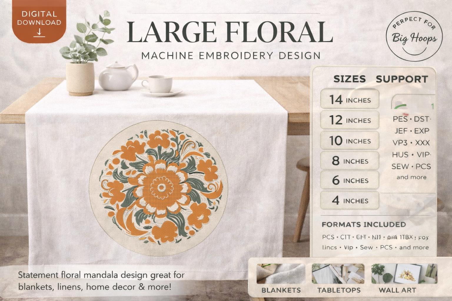 Large Floral Mandala Embroidery Design, Round Flower Machine File (4-14 Inch) | Digital Download - Image 4