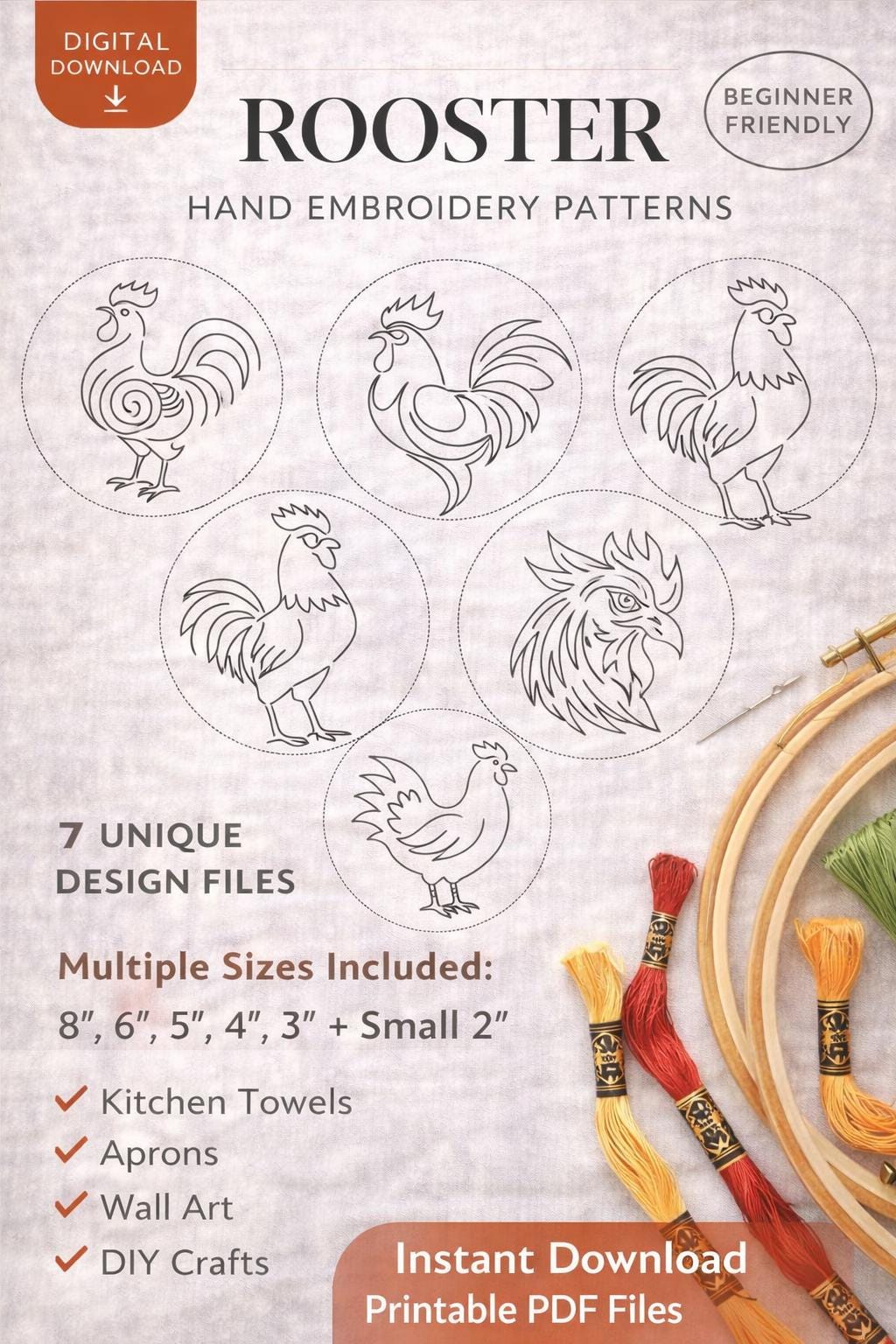 Rooster Stick and Stitch Hand Embroidery Pattern Bundle, 7 Chicken Designs (PDF Download) - Image 11