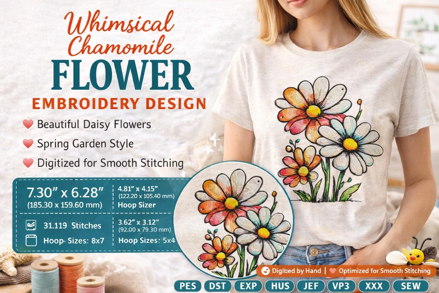 Whimsical Chamomile Flower Embroidery Design: Spring Daisy Floral Art (Digital File) - Image 3