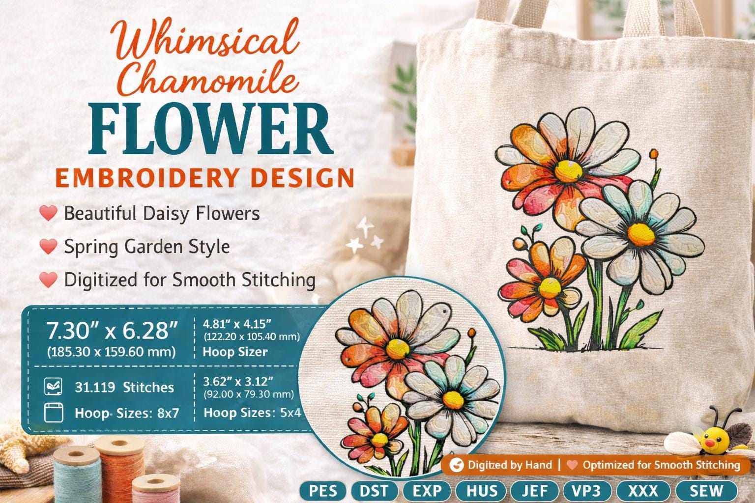 Whimsical Chamomile Flower Embroidery Design: Spring Daisy Floral Art (Digital File) - Image 4