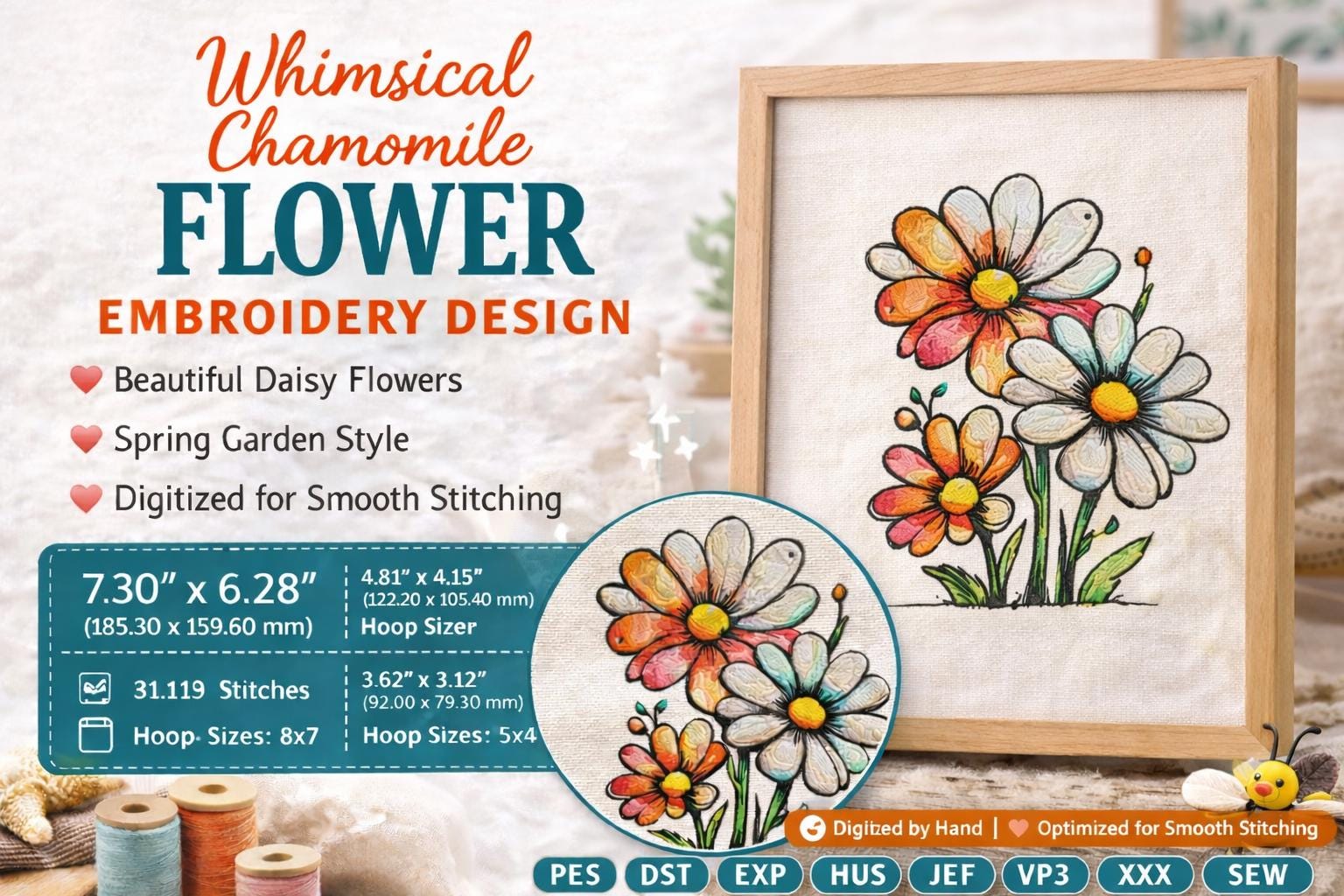 Whimsical Chamomile Flower Embroidery Design: Spring Daisy Floral Art (Digital File) - Image 5
